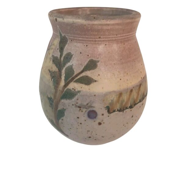 Bridget Hauser Signed Art Pottery Vase Pastels Pink Green Leaves Speckled 5"x 4" - Picture 2 of 13